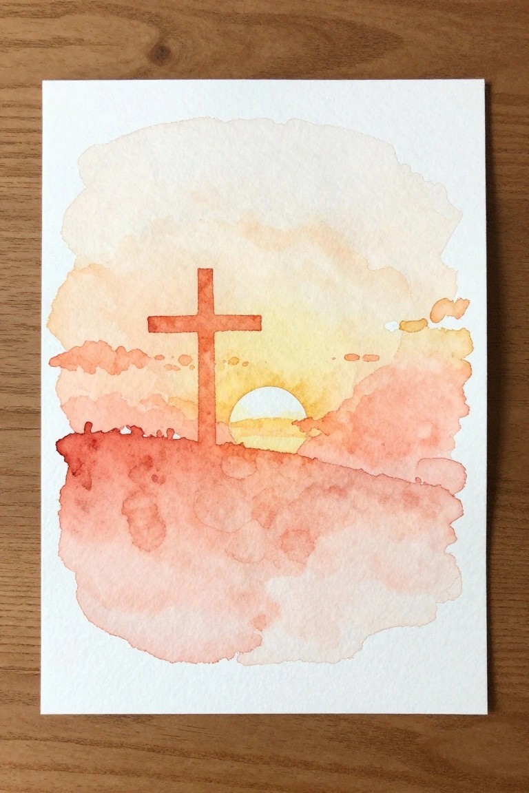 Watercolor cross silhouette against yellow sun and pink-orange sunset clouds on paper.