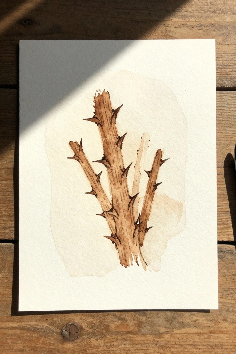 Watercolor painting of thorny brown branches on white paper over wooden surface.