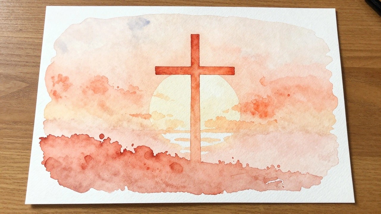 Watercolor cross silhouette against yellow sun and pink-orange sunset clouds on paper.