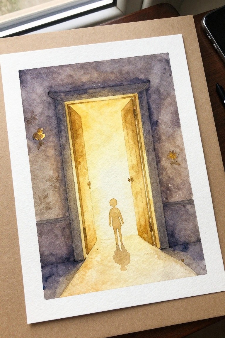 Watercolor painting of child silhouette approaching bright golden light through open double doors on purple walls.