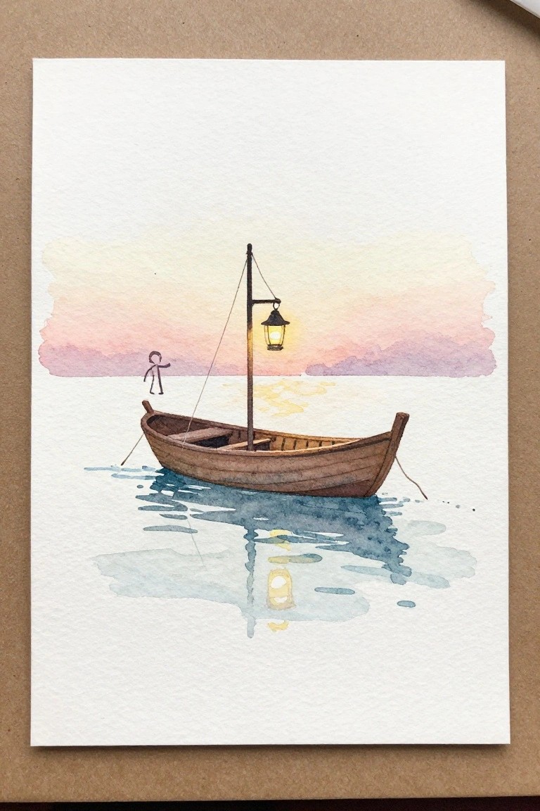 Watercolor of wooden boat with lantern on calm water, stick figure nearby at sunset.