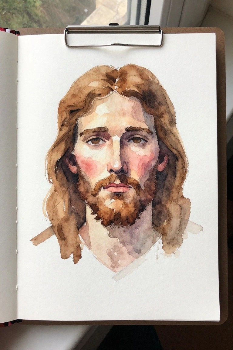 Watercolor portrait of Jesus with long brown hair, beard, and white robe on clipboard.