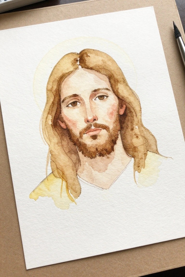 Watercolor portrait of Jesus with long brown hair, beard, and glowing halo.