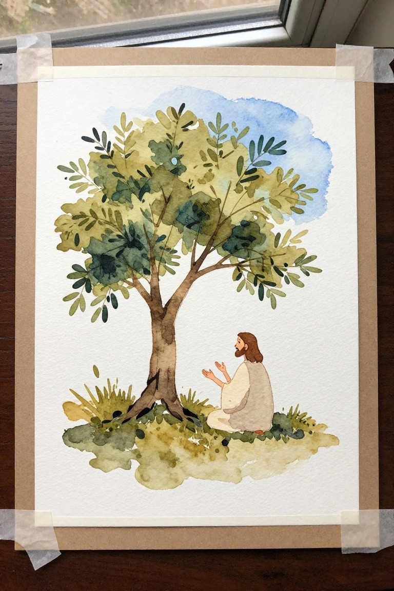 Watercolor painting of bearded man in robe praying under leafy green tree