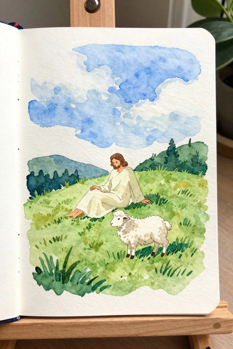 Jesus in white robe sits on grassy hill with sheep under blue sky, watercolor style