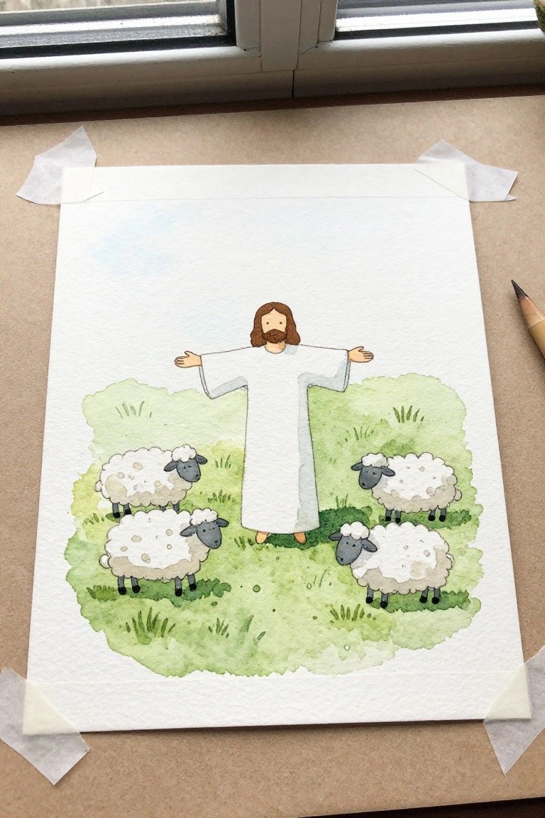 Watercolor painting of Jesus with arms outstretched among four sheep in a green field taped to a surface.