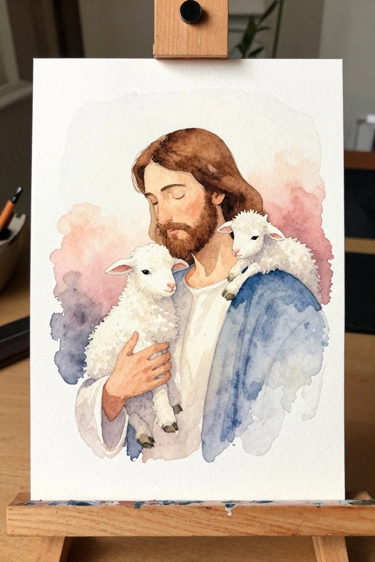 A watercolor painting of Jesus with brown hair and beard holding a white lamb in his arms and another resting on his shoulder against a pink and blue wash background.