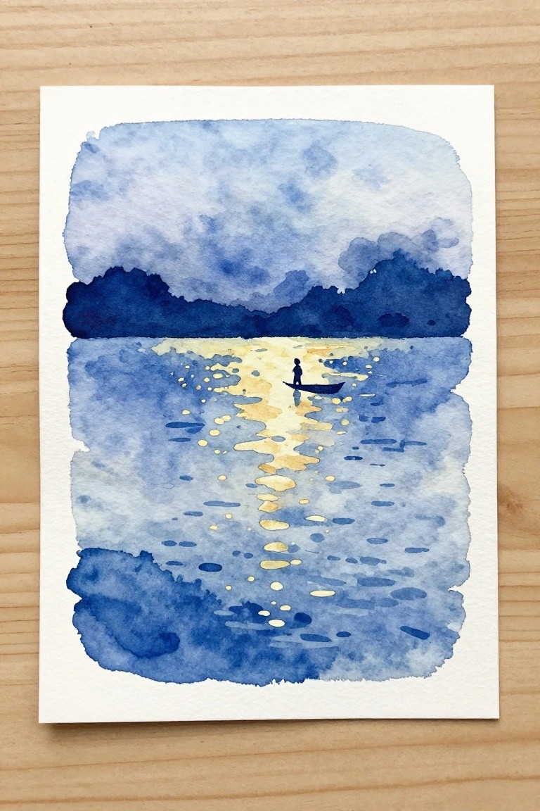 Watercolor of a lone figure in a boat on blue water with golden light reflections.