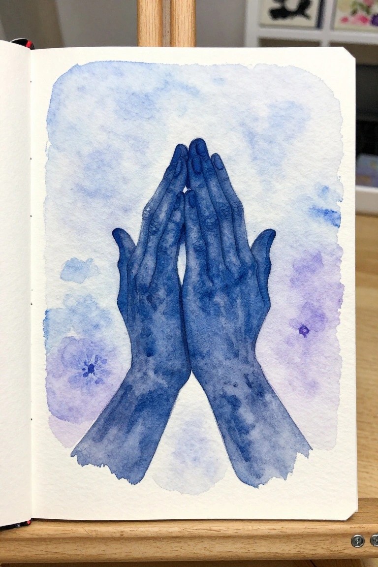 Watercolor of two blue hands pressed together amid soft purple and blue background washes.