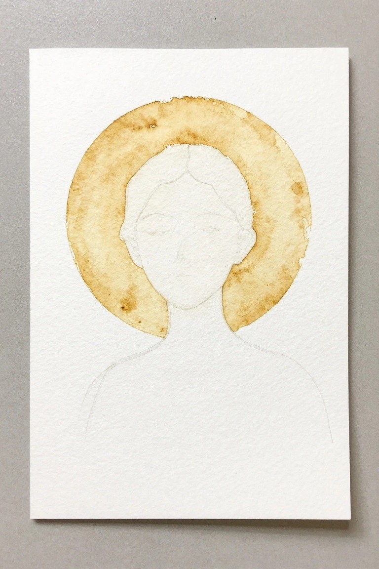 Delicate line drawing of a face with closed eyes and a brownish halo.