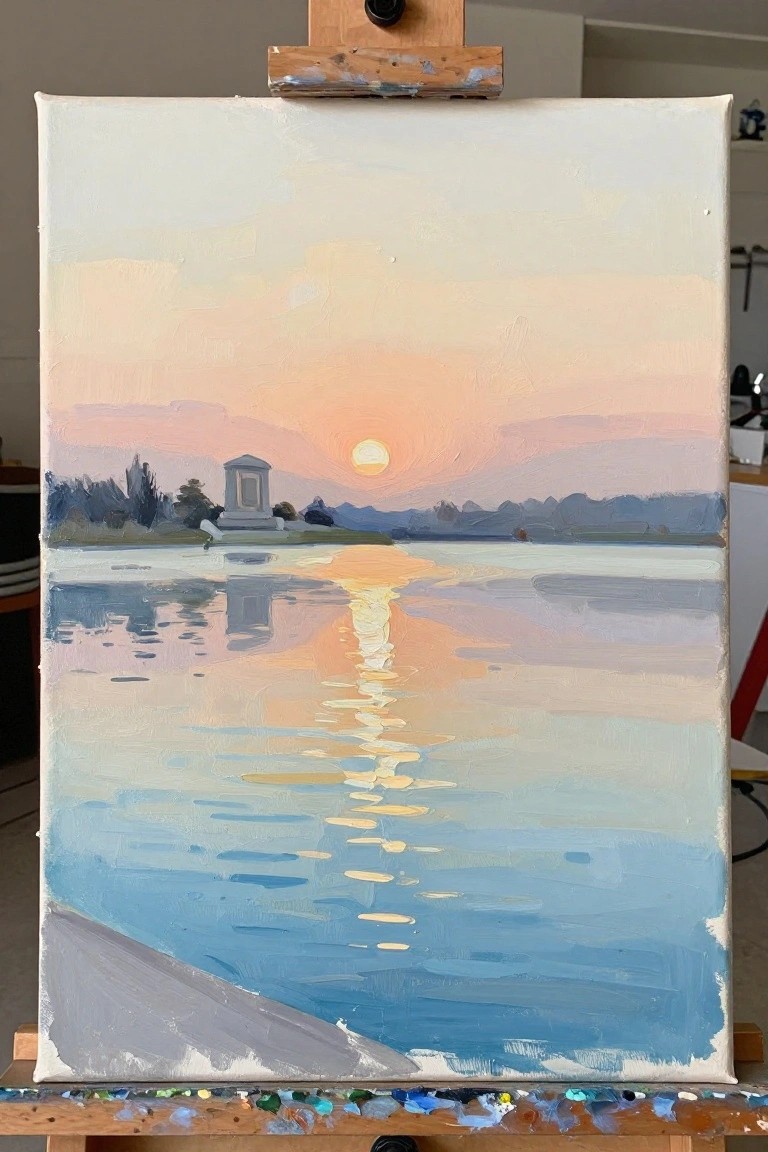 An oil painting on an easel depicts a sunrise over calm water with a small classical building on the distant shore and a bright reflection path leading toward it.