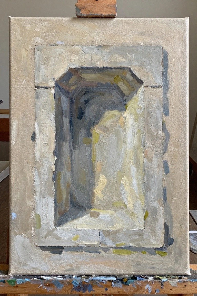 Abstract oil painting on easel of a geometric arched recess in muted grays and yellows