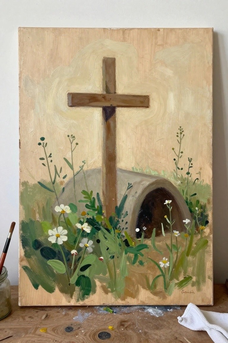 Oil painting of wooden cross before empty stone tomb amid wildflowers on easel.