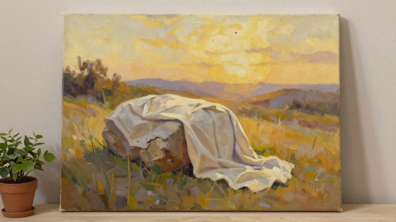Sunset landscape painting with white cloth draped over rocks in golden field