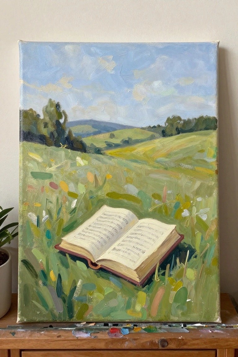 An oil painting of an open book lying in a green meadow with wildflowers, rolling hills, and a blue sky behind it.