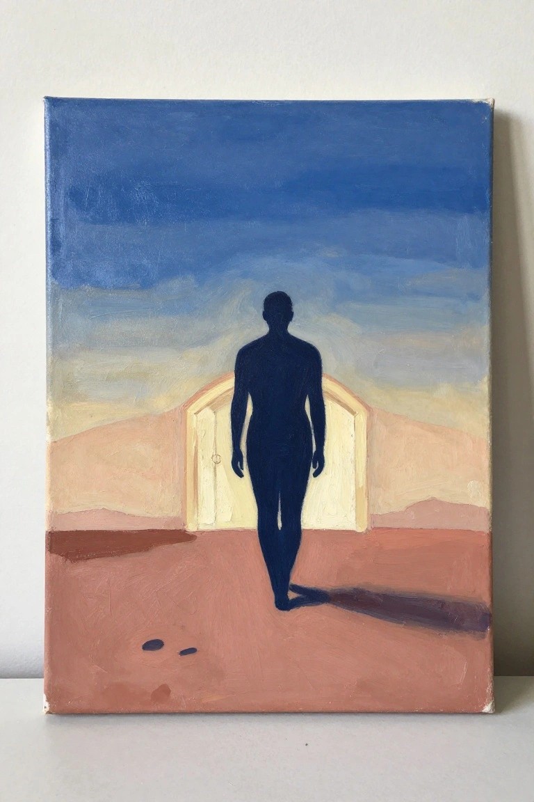 Silhouetted figure walking toward white door in desert landscape under blue sky