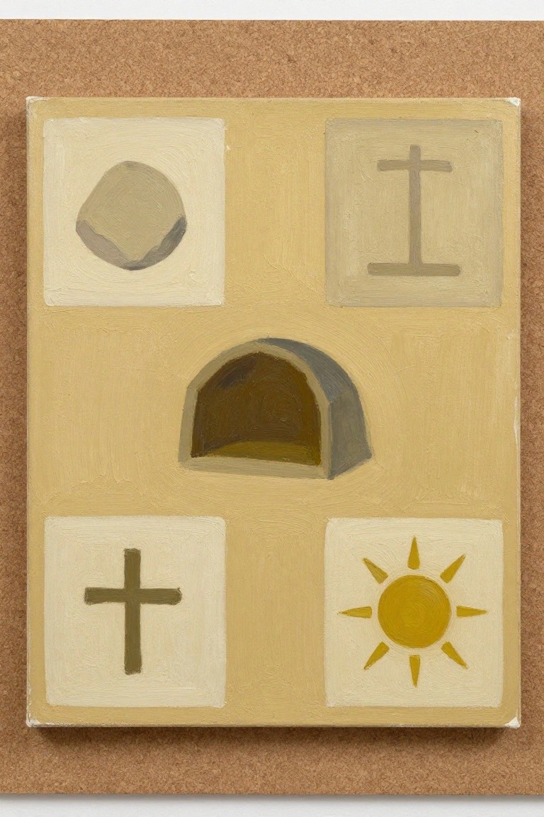 Four squares with stone, crosses, and sun around central dark arched cave on yellow background.