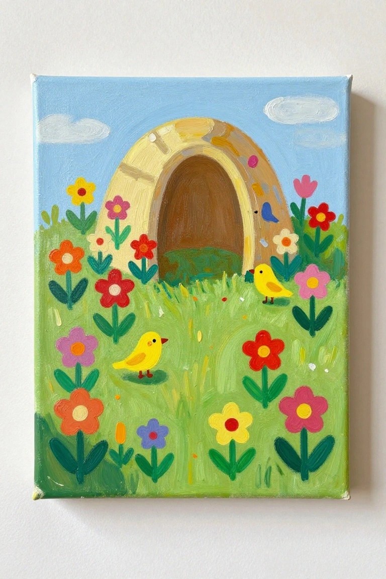 Vibrant painting of a stone arch amid colorful flowers and two yellow birds in green grass
