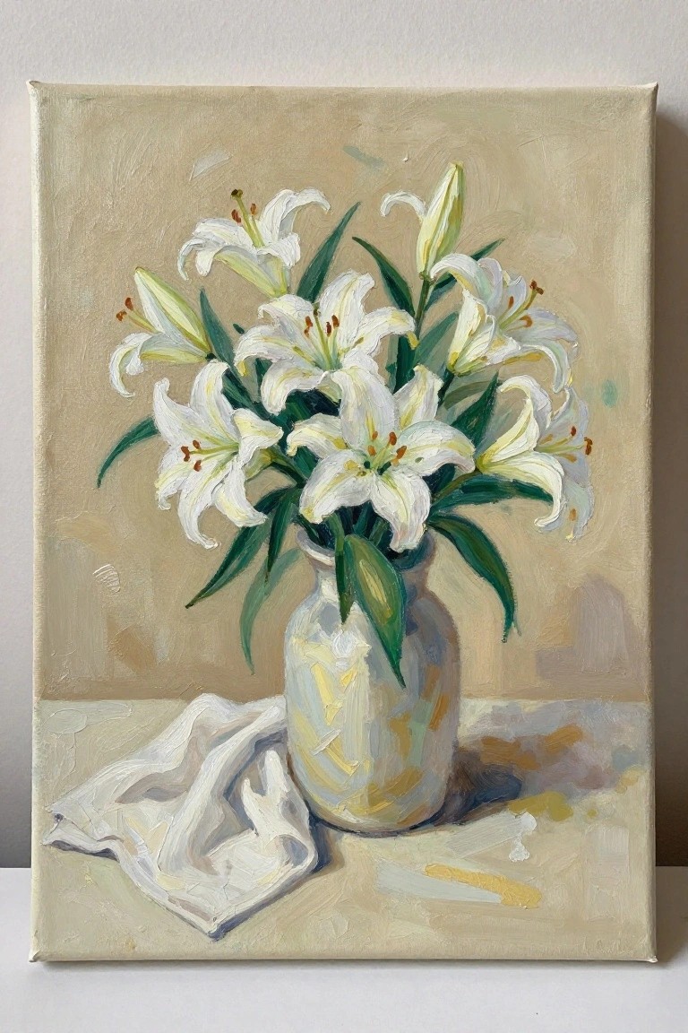 Still life painting of white lilies in a vase with draped cloth