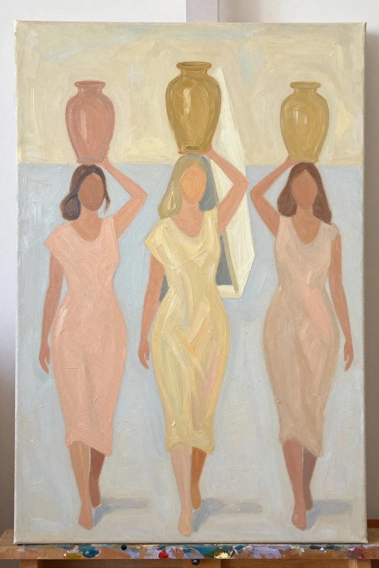 Three women in pastel dresses balance large ceramic vases on their heads while walking.