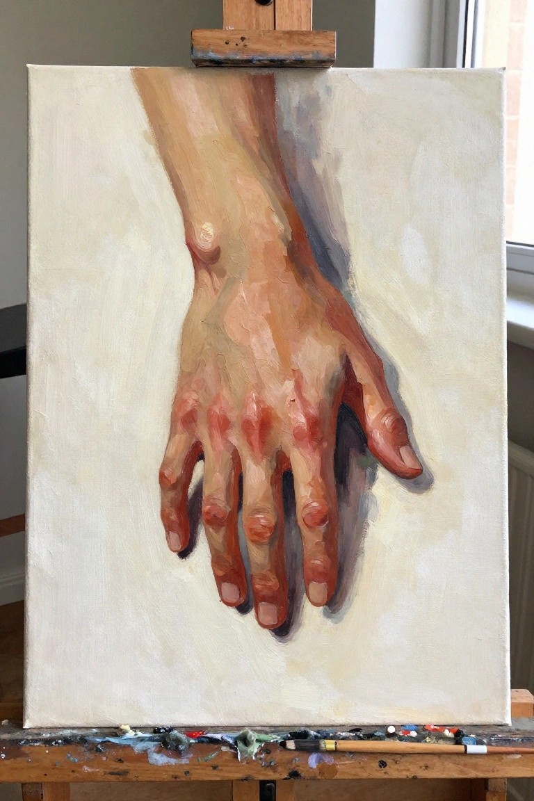 Realistic oil painting of a hand with warm skin tones on wooden easel