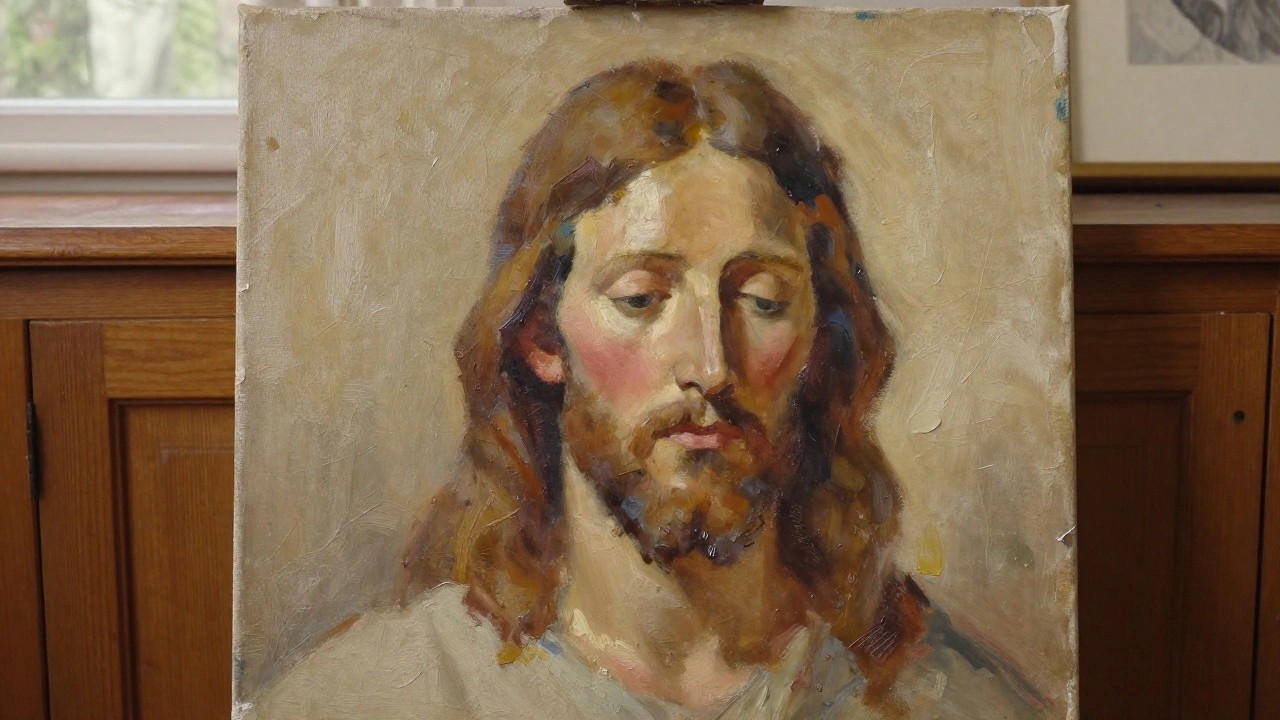 Oil painting of Jesus with long brown hair, beard, and white robe on wooden surface