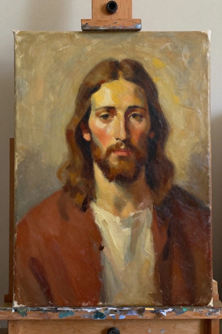 Oil painting of Jesus with long brown hair, beard, and brown robes on easel