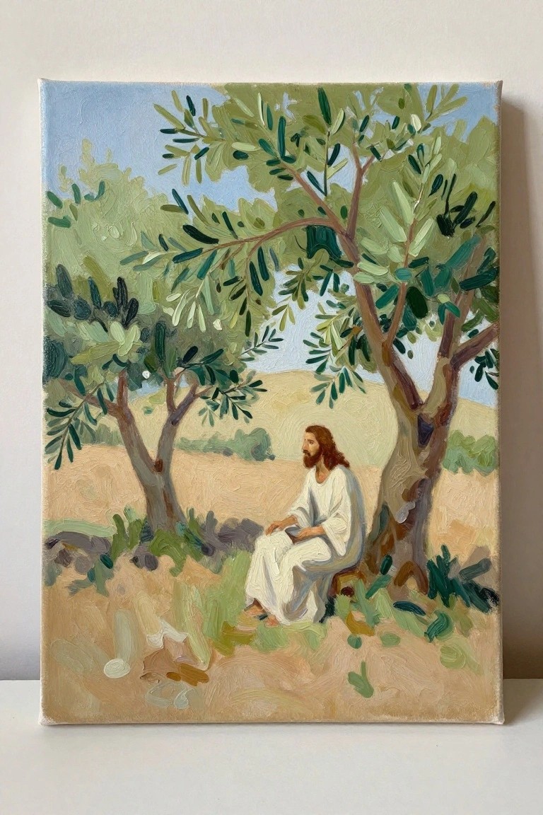 Bearded man in white robes sits under leafy trees in landscape painting.