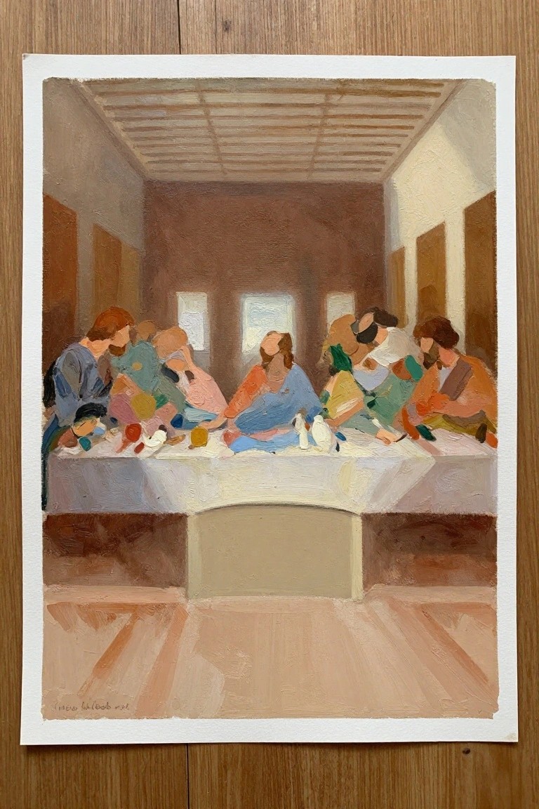 Modern painting of robed figures gathered around a long white table in a simple room.