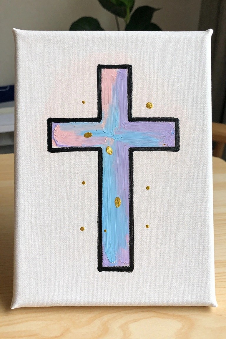 Pastel pink-blue-purple cross with black outline and gold dots on white canvas