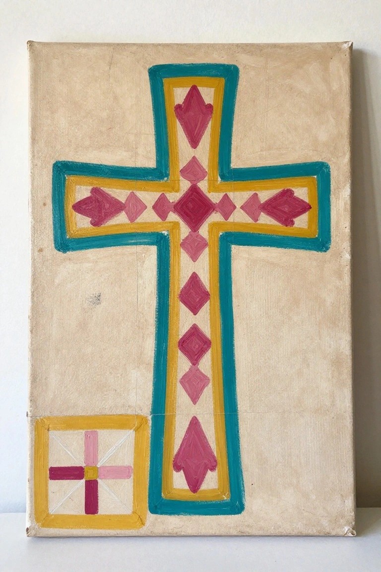 Abstract cross painting with teal borders, yellow outlines, and pink diamond patterns on canvas.
