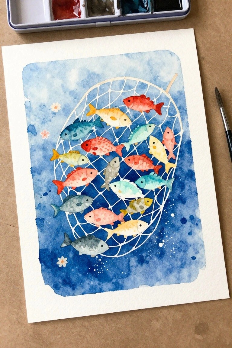 Watercolor painting of colorful fish caught in white net on blue background with splatters