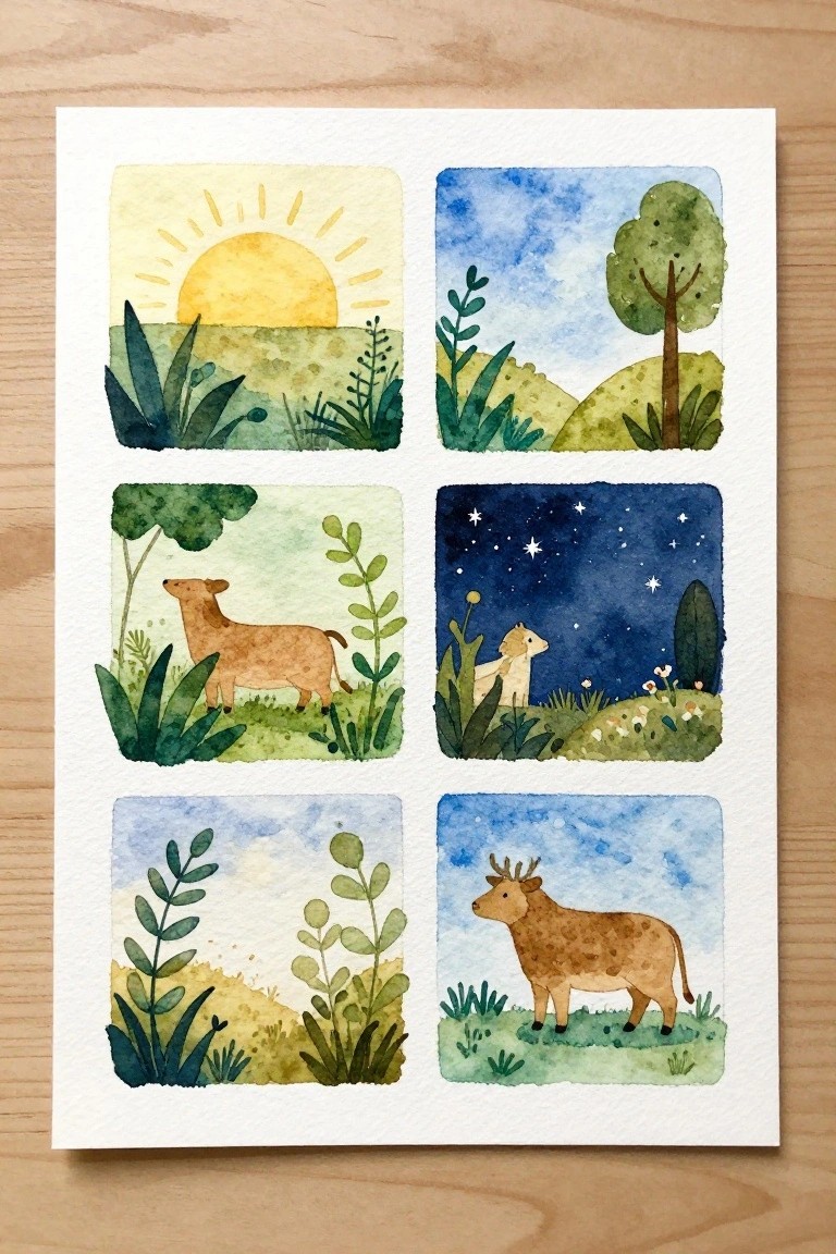 Six-panel watercolor grid showing sunrise, tree, cow, starry night, plants, and deer.