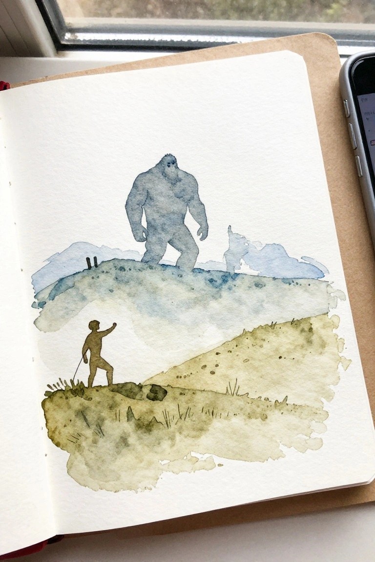 Watercolor sketchbook page with blue Sasquatch on hill above hiker and dog in landscape