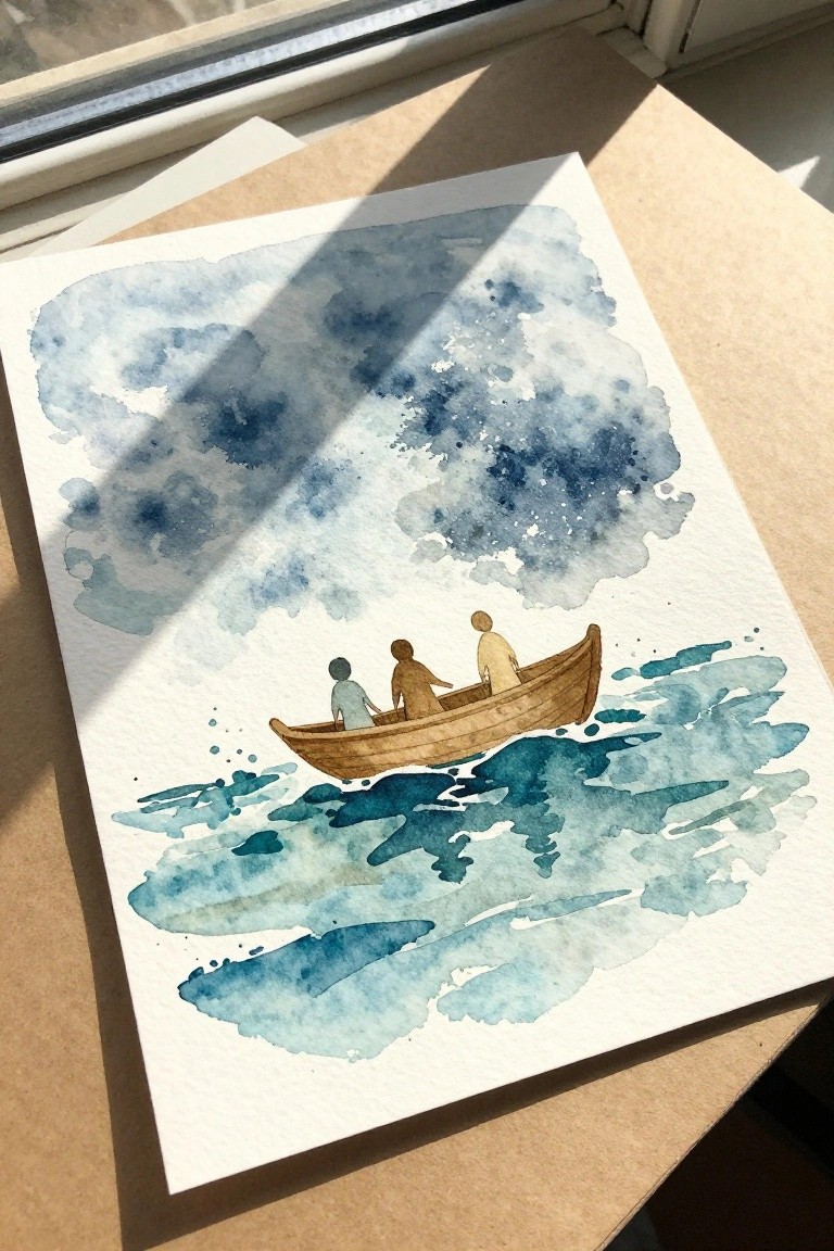 Watercolor painting of three figures in a wooden boat on blue waves beneath a cloudy sky.