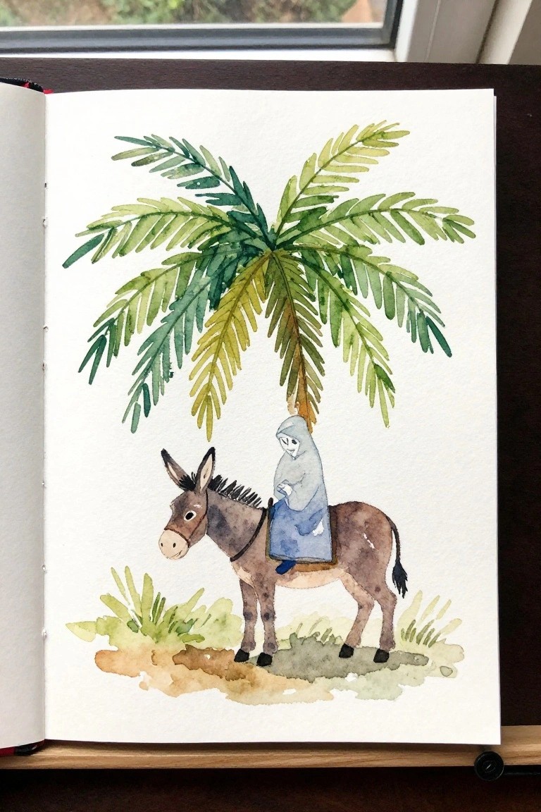 Watercolor of robed figure riding donkey under large palm tree with green fronds
