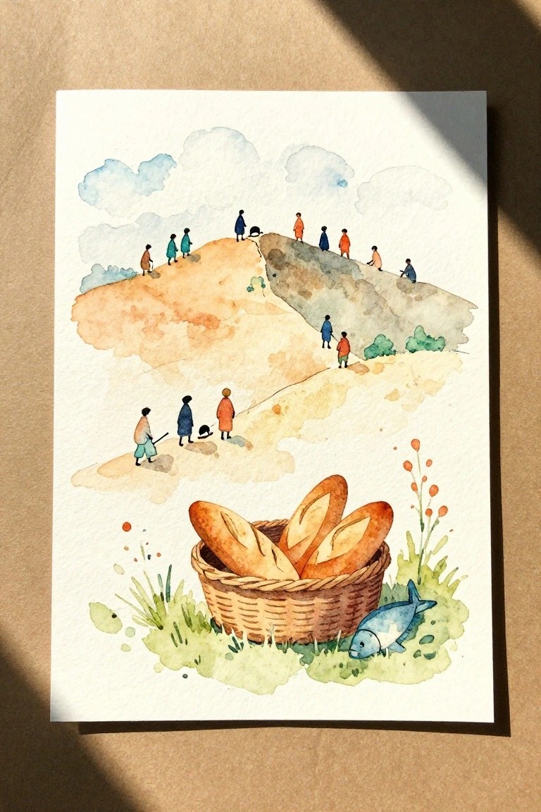 Watercolor of robed figures on hills above basket of bread and blue fish