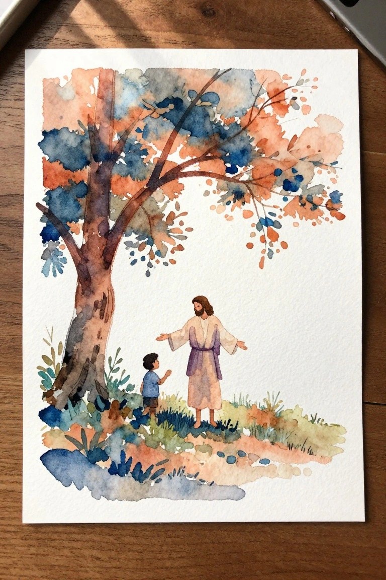 Watercolor of robed man with open arms facing child under blue-orange tree.
