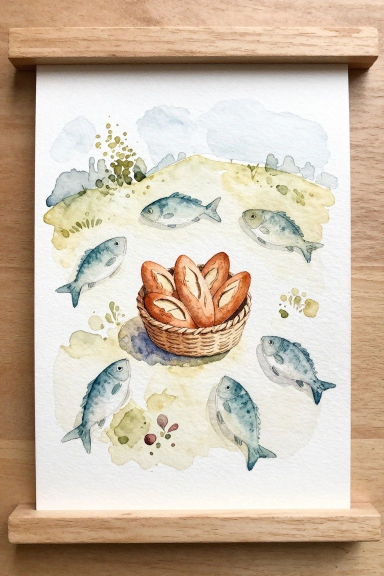 Watercolor of bread-filled basket ringed by blue fish on soft washes
