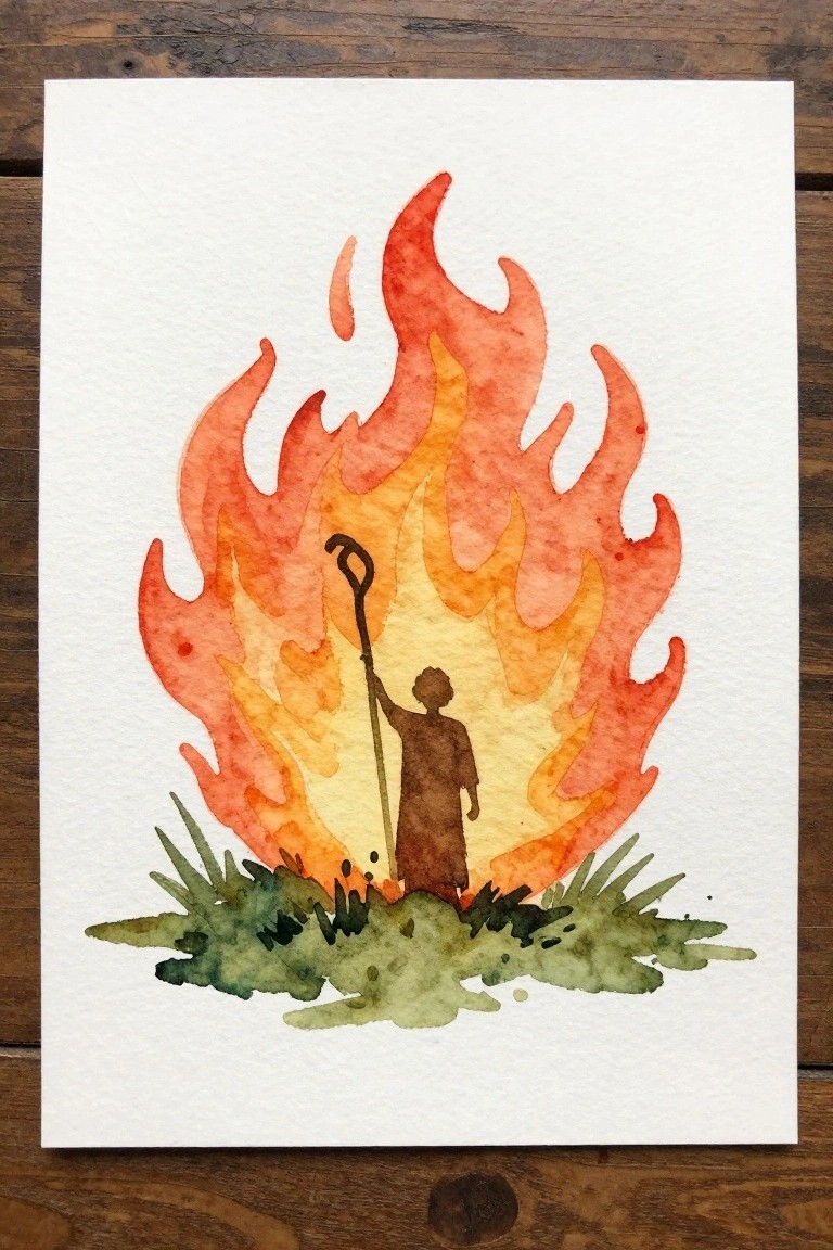 Watercolor of brown-robed figure with staff amid large orange-red flames above green grass.