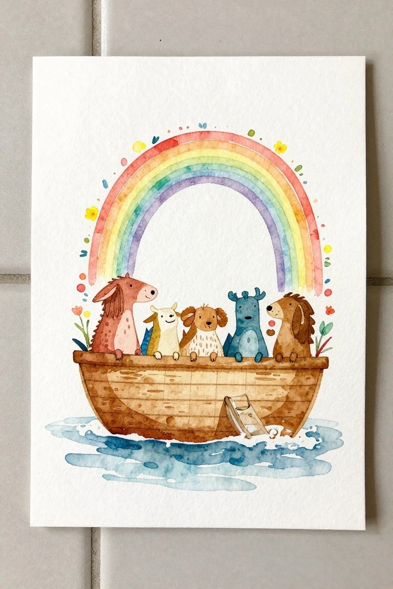 A watercolor of a brown boat carrying five animals under a rainbow arch, floating on blue water.