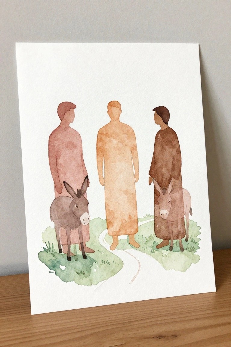Watercolor of three robed figures with two donkeys on a winding green path