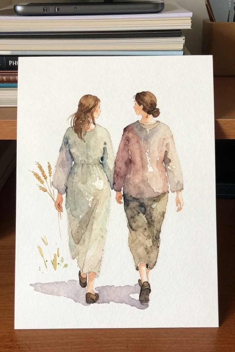 Watercolor of two women walking away viewed from behind, one in green dress with wheat stalks.