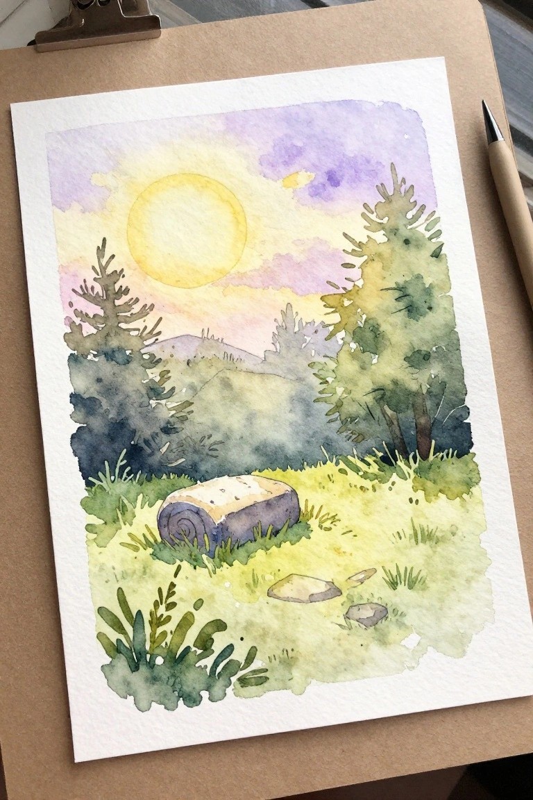 A watercolor landscape shows a rolled scroll lying in grass with pine trees, hills, and a large yellow sun in a purple sky.