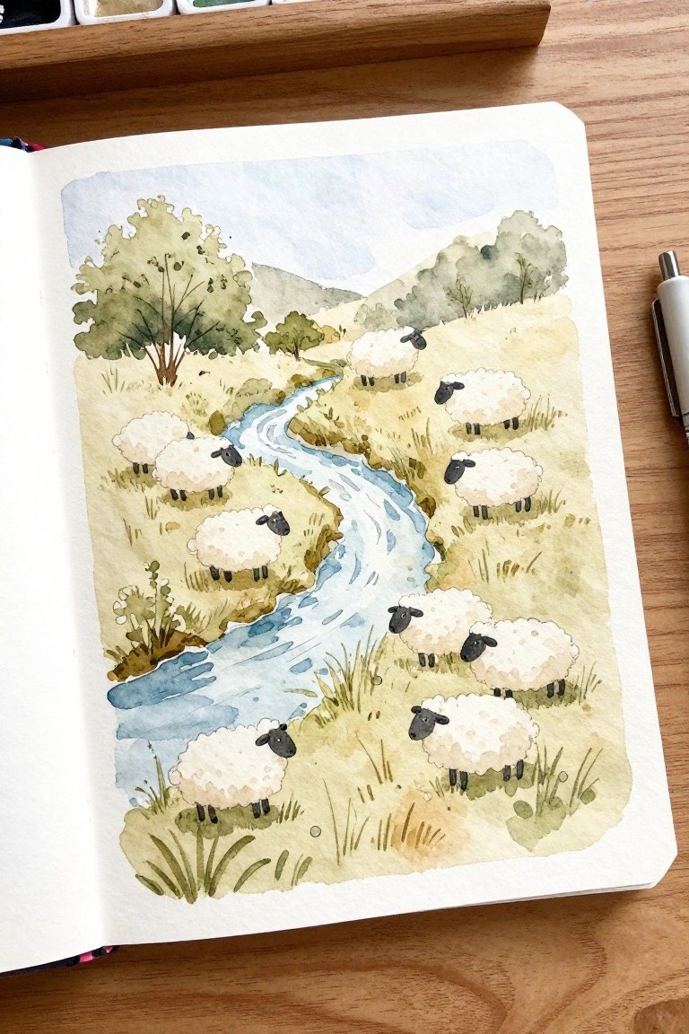 Open sketchbook with watercolor of sheep grazing by a winding blue stream in hills