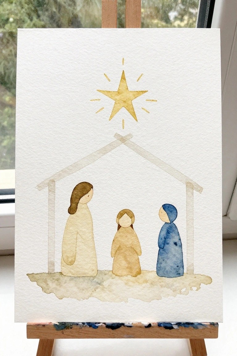 Watercolor nativity with three robed figures in beige and blue under a golden star.