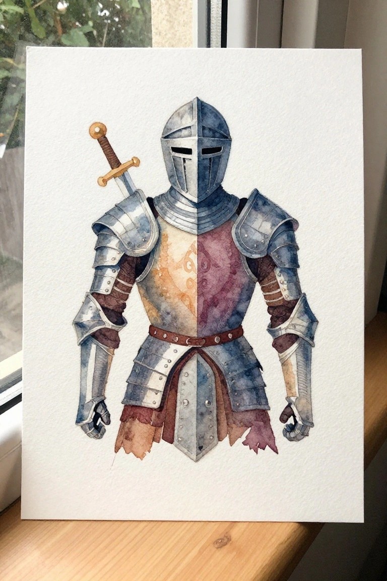 Watercolor painting of blue medieval armor with helmet, sword, and patterned tunic.