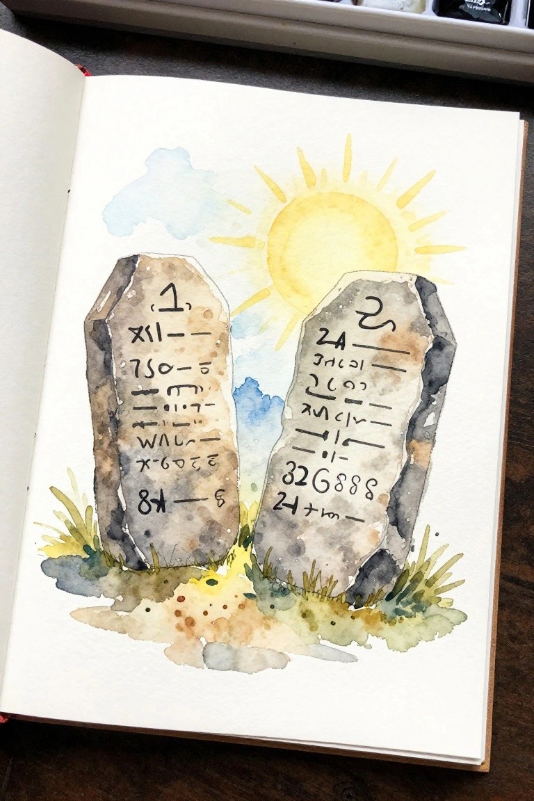 Watercolor of two inscribed stone tablets under sun with clouds and grass in notebook.