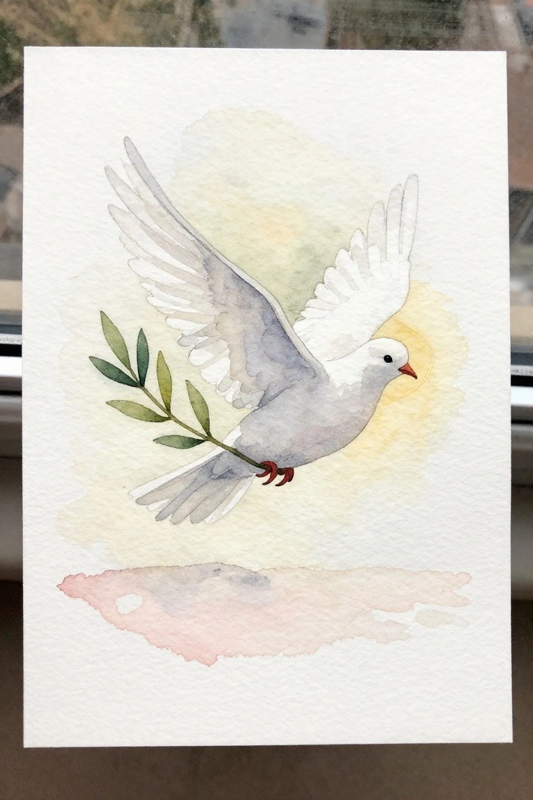 Watercolor of white dove flying with olive branch, yellow glow, and soft pastel washes.
