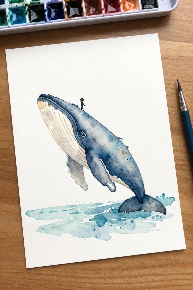 Watercolor of blue whale with tiny figure on back above water, palette and brush nearby
